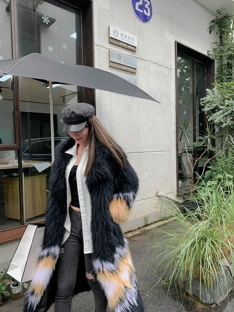 Fox Fur Raccoon Dog Fur Woven Jackets Medium Length Large Lapel Contrast Coat Women Knitted Thick Warm Fur Sexy Club Outerwear