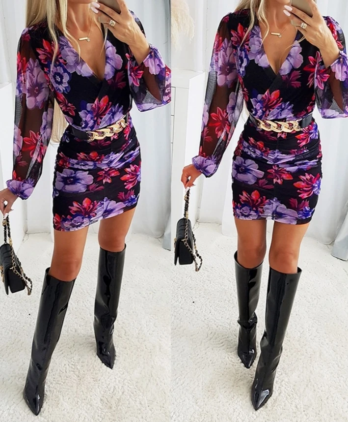 

2024 Women Formal Dress Commuting Normal Floral Print Deep V-Neck Chain Decoration Mesh Splicing Long Sleeve Bodycon Mini Dress
