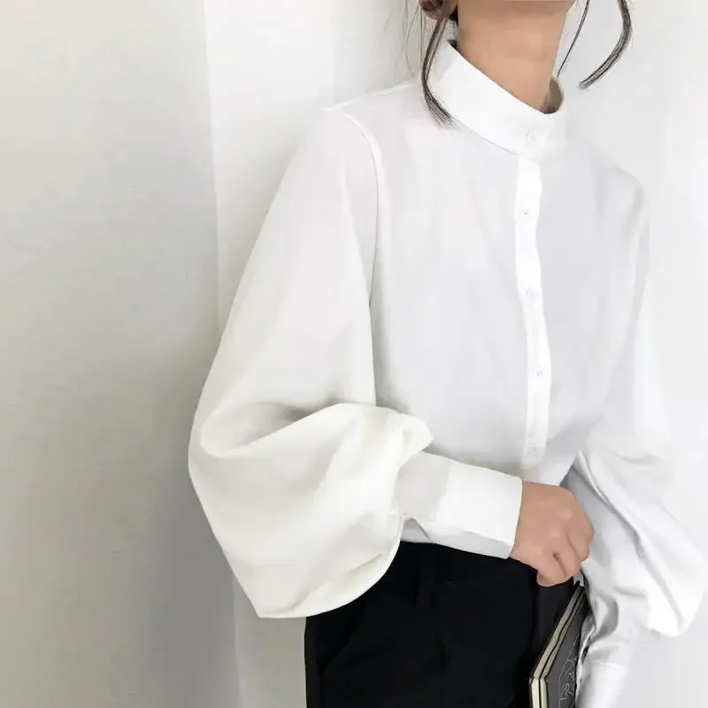 Temperament Black Loose Blouse Spring Autumn Long Sleeve Button Solid Color Youth Shirt Tops Vintage Casual Women Clothing