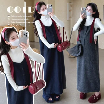 Maternity Dress Set 2025 New Autumn Winter Korean Style Slimming Loose Elegant Knit Long Sleeve Undershirt And Suspender Dress