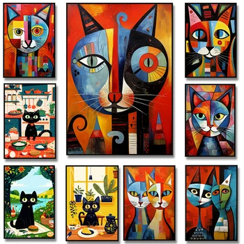 Affiche de chats de Style Picasso abstrait, impression de chat noir coloré, Art de petit déjeuner, mur moderne pour salon, chambre à coucher, cuisine, décoration de maison 1