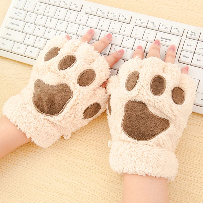 Cute Cat Paw Plush Mittens Gloves Winter Fingerless Warmth Padded Gloves  Warm Soft Plush Bear Cat Half Finger Driving Gloves