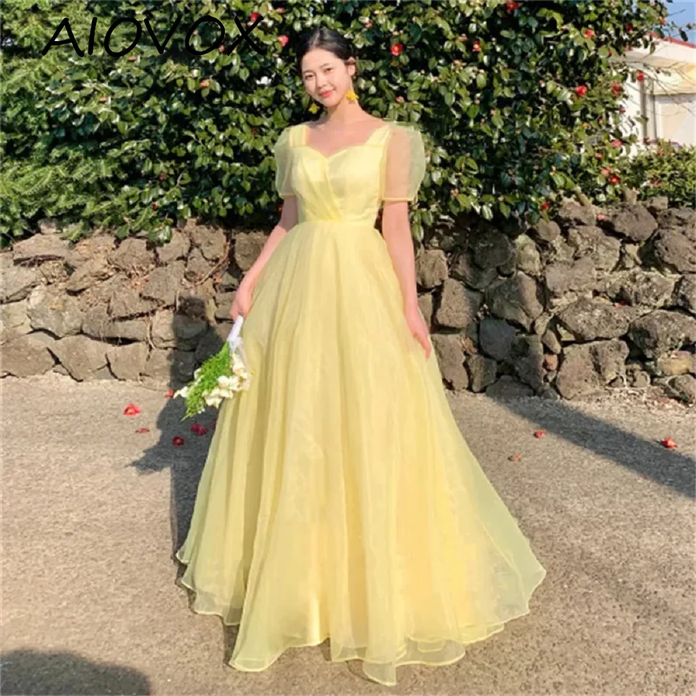 

AIOVOX A-line Formal Dress Simple Yellow Organza Short Puff Sleeves Sweetheart Floor-Length فساتين طويلة 이브닝 드레스 Photo shoot