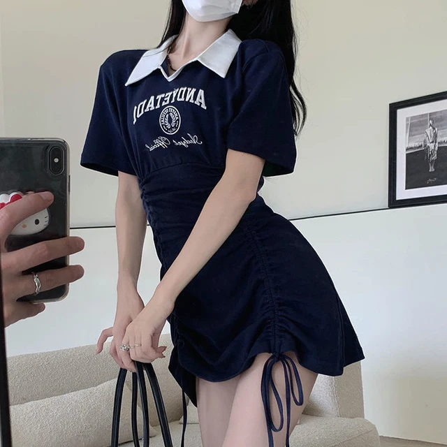 Summer Fashion Streetwear Letter Print Drawstring Mini Sporty Dresses Women  Harajuku Y2k Sweet Kawaii Short Sleeve Casual Dress - Dresses - AliExpress