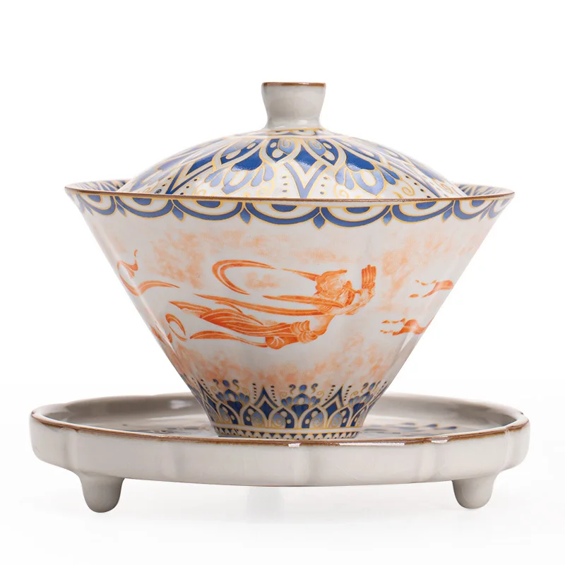 Jingdezhen Ceramics Rubbing Kweichow Moutai Dunhuang Tureen Kung Fu Tea Set Teacup Bamboo Hat Horseshoe Gaiwan Set, Covered Bowl