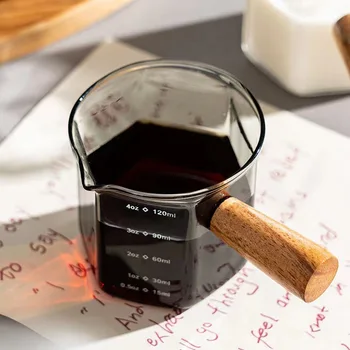 120ml Manico in legno esagonale Misurino per caffè espresso in vetro Latte Brocca Forniture per caffè Tazza da cucina Bicchieri Doppio fondo 1
