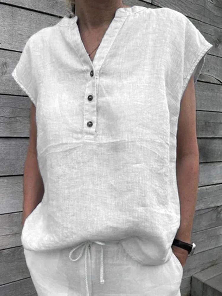 

Women Casual Summer Solid Top Sleeveless Blouses Linen Sleeveless simple Blouses Vintage V Neck Office Harajuku Shirts Plus Size