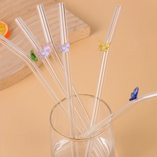 Clear Glass Straws with Design, 6Pcs Reusable Straws, Butterfly Glass Straw  Shatter Resistant with 2 Cleaning Brush, Cute Straws with Charms