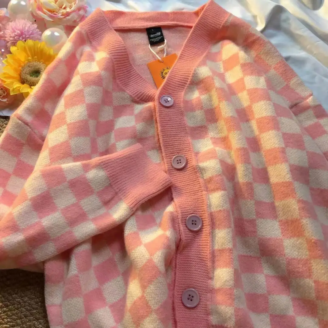

checkerboard Cardigans women Long Sleeve Knitted Sweater Women Korean Pink Sweaters Cardigan Female Jacket with Buttons