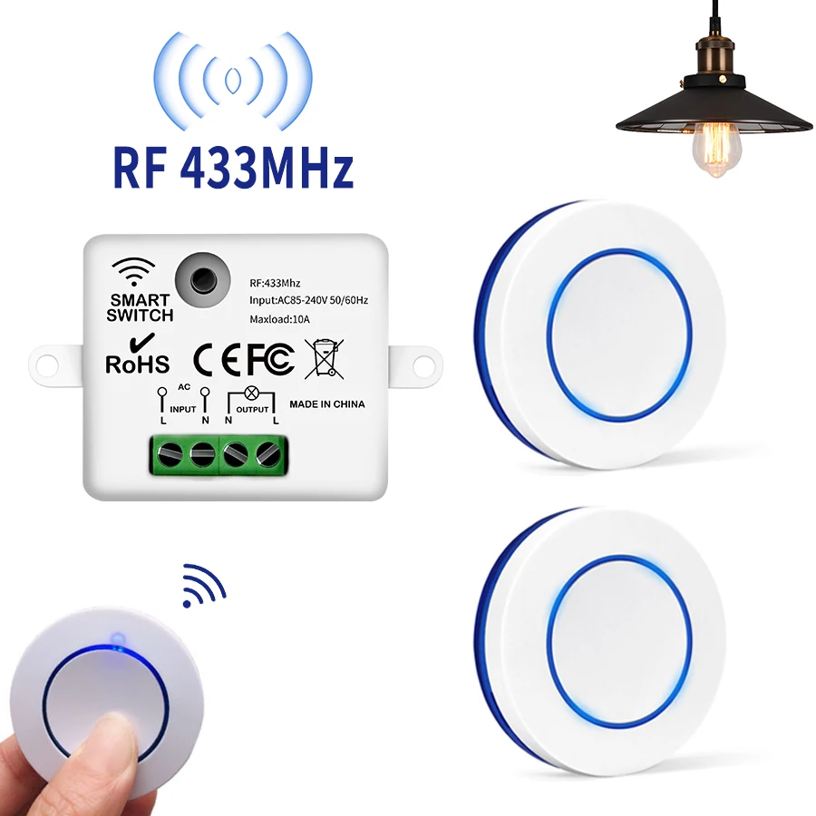 433MHz Wireless Remote Control Light Switch 220V 110V 10A Relay Controller Mini Round Button Wall Panel Switch For Lighting Led wireless light switch