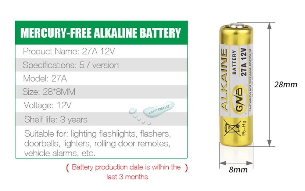 2PCS 27A 12V dry alkaline battery 27AE 27MN A27 for doorbell,car alarm,walkman,car remote control etc alkaline battery,disposable battery
