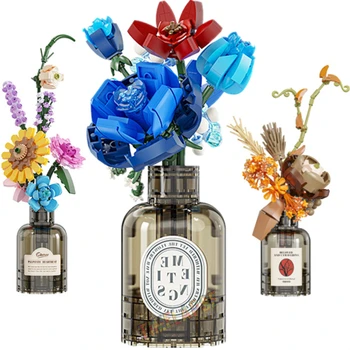 DIY MOC Potted Blue Rose Sunflower Vase Dried Flowers Bonsai Gardens Romantic Building Blocks Model Bricks Kids Sets Kits Toys