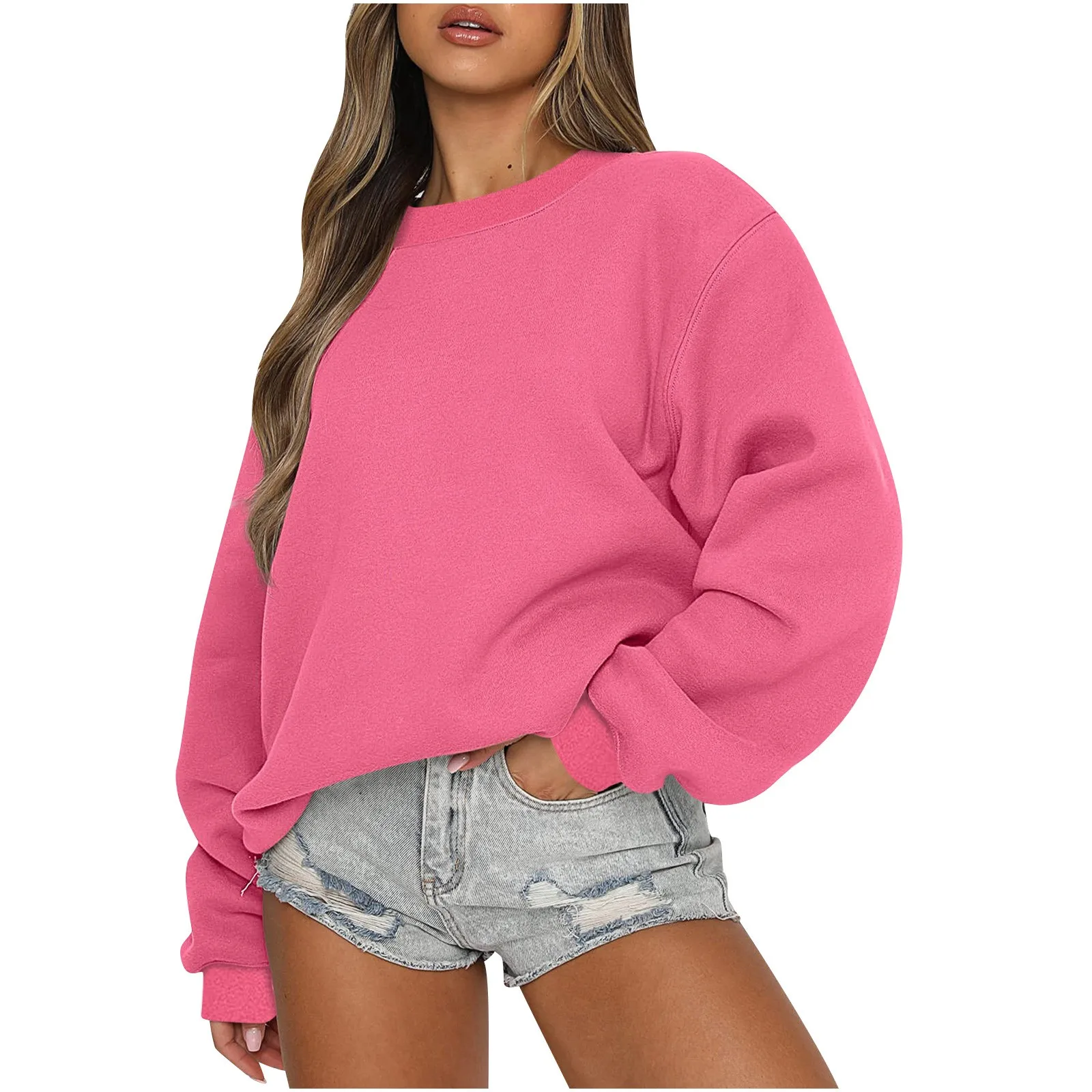 

2023 New Women Autumn Winter Tops Fashion Long Sleeve Casual Crewneck Loose Sweater Round Neck Fit Pollover Fleece Pullover