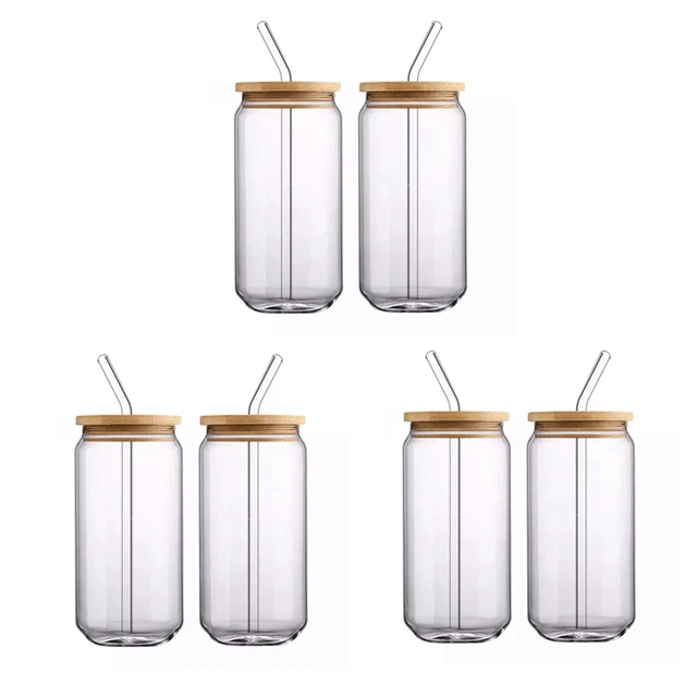 2 Pack Drinking Glasses Beer Can Glass Cups 16 oz Can Shaped Tumbler Glass with Bamboo Lids and Straws Large Drinking Can Cups for Ice Soda Tea Iced