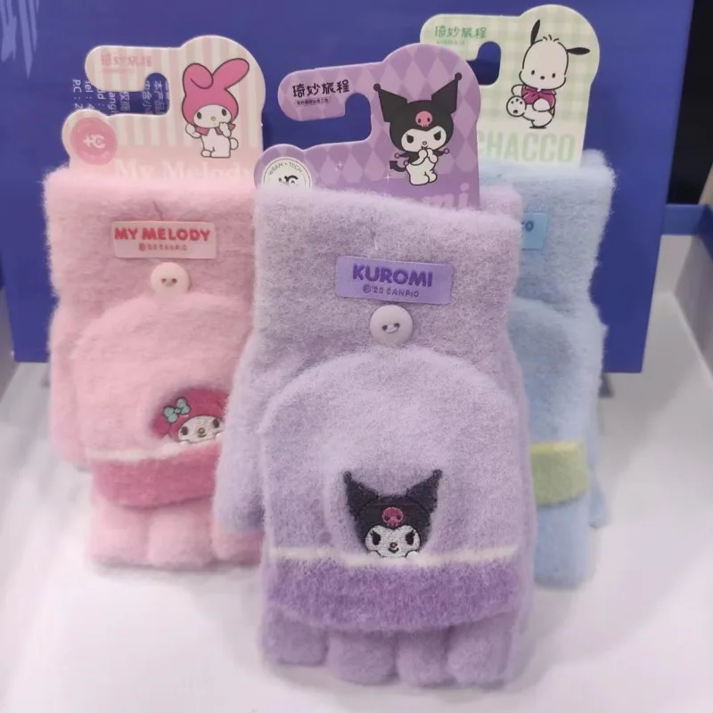 

Kawaii Sanrioed Anime Cartoon series Kuromi mymelody Pochacco cute Soft plush Half finger Cold proof thickening Warm gloves gift