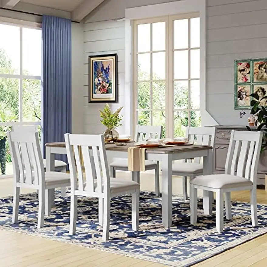 

7 Pieces Extendable Tabletop&6 Upholstered Chairs,Solid Wood Dining Room Table,Kitchen Furniture Set for 6-8 People (Brown+White