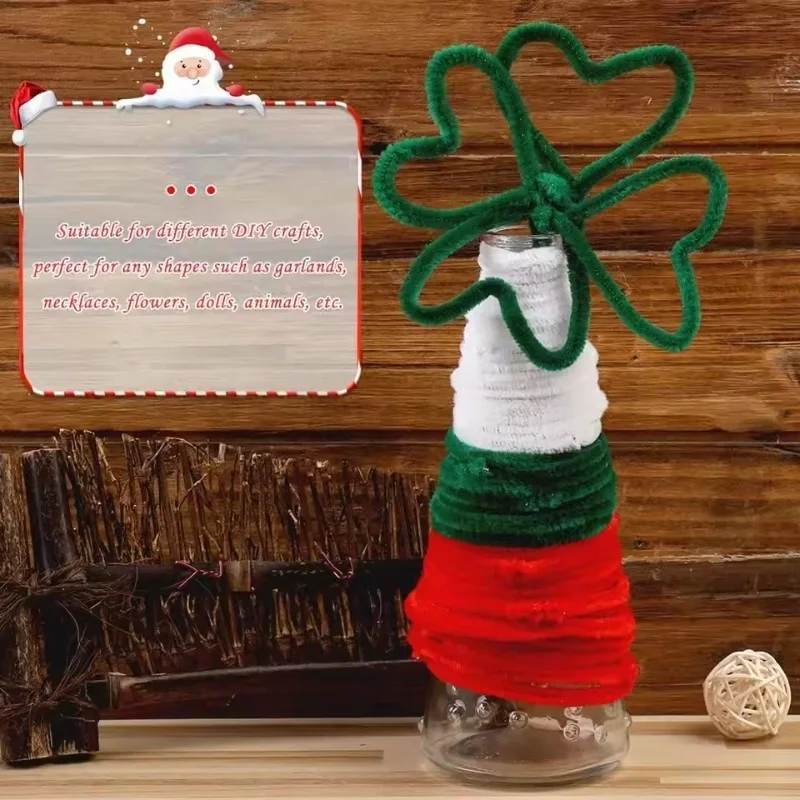 100-300 Pcs Thick Christmas Red White Green Chenille Stems for Christmas Art and Craft Projects Creative DIY Decorations