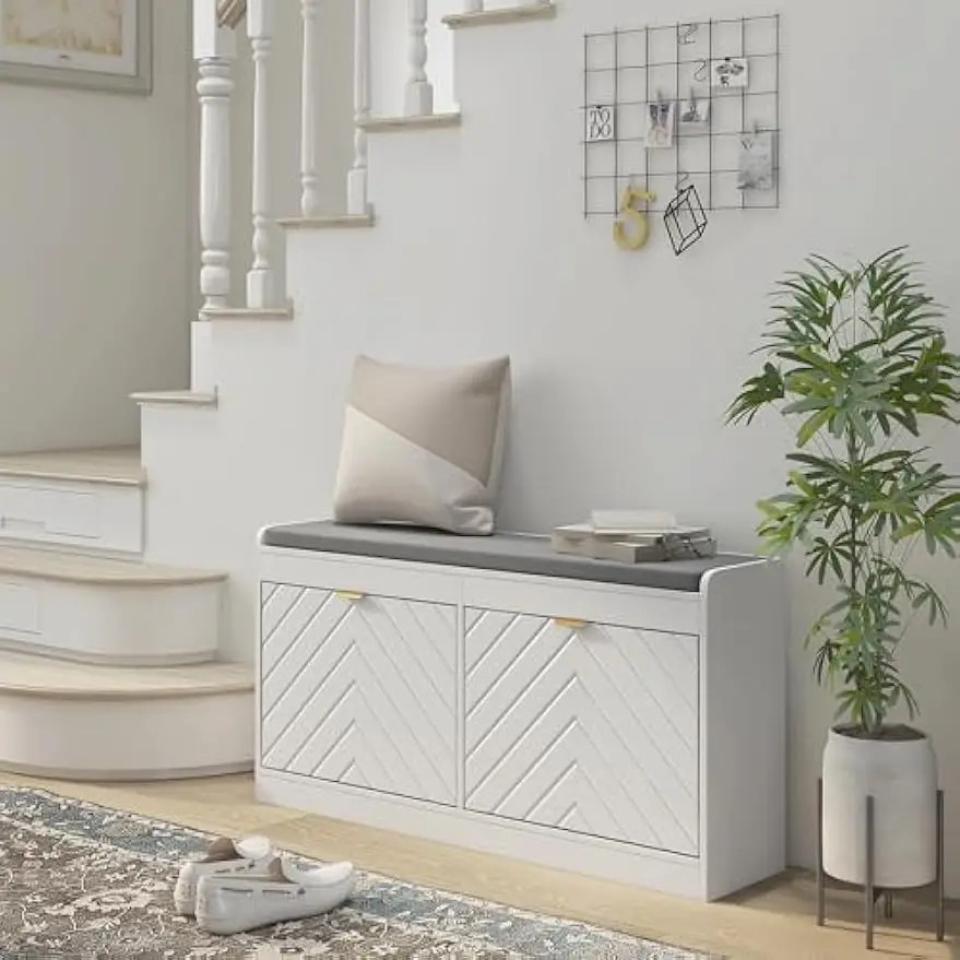 Shoe Bench, Entryway Bench with 2 Flip Drawers, Seating Cushion, and 2 Vents for 8 Pairs of Shoes for Hallway, White