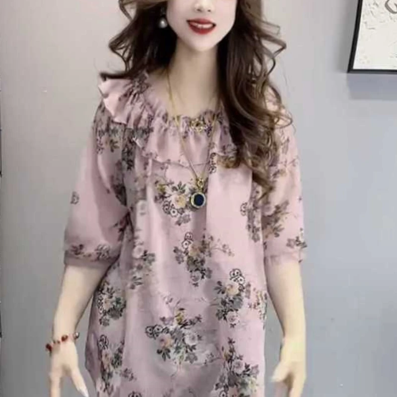 2024 New Summer Retro Elegant Commuter Simple Fashion Loose Blouse Half Sleeved Ruffled Neck Printed Panel Women's Shirt Top