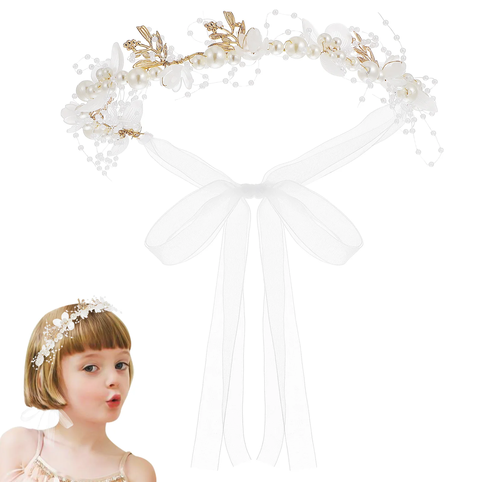

Flower Girl Headband Hairbands Ribbon Pearl Jewelry Crown Fairy Chain Bride Child Wedding Accessories