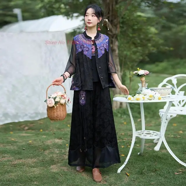 chinese vintage flower embroidered pants traditional satin jacquard mesh trousers national elastic waist wide leg pants