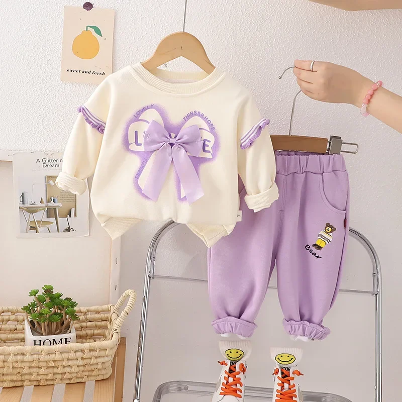

Spring and Autumn Girls Clothing Bow Long Sleeve Sweater Set 1 To 6T Preschool Children's Fashionable Casual Pants Two Piece Set