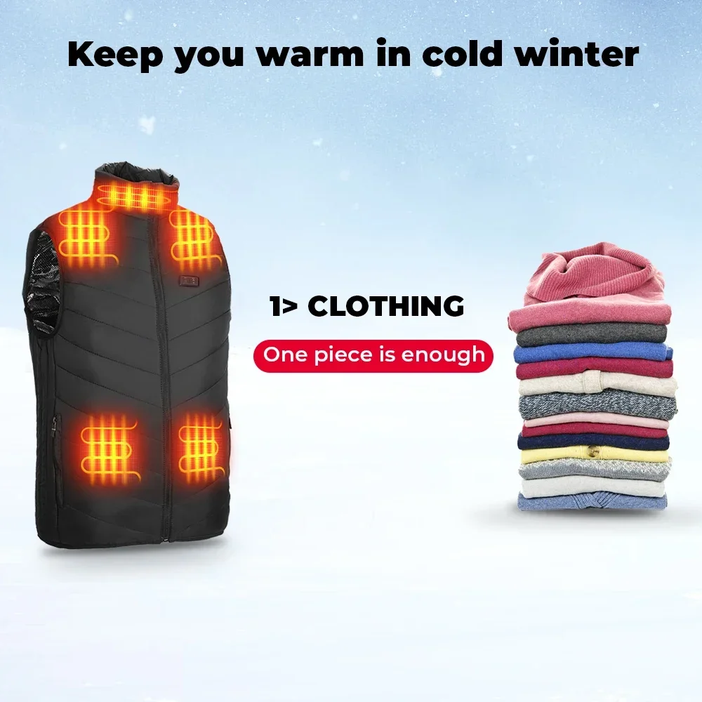 New USB Electric Heated Vest Winter Smart Heating Jackets Men Women Thermal Heat Clothing Plus Size Hunting Coat Keep Warm Black