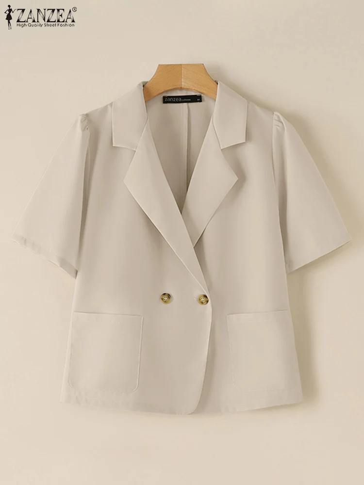 ZANZEA Summer Women Blazer Stylish Lapel Neck Jackets Solid OL Work Blouse Thin Tops Fashion Short Sleeve Buttons Up Shirt Femme