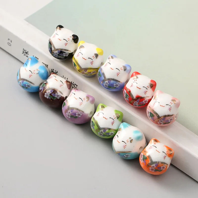 5pcs Fortunate Cat 14x15mm Handmade Ceramic Porcelain Loose Spacer Beads Lot For Jewelry Making DIY Findings