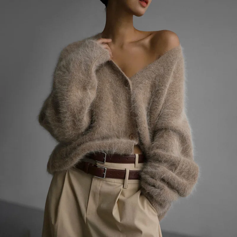 

Sweater Imitation Mink Knitted Cardigan Autumn/Winter Lazy Loose Sleeve V-Neck Coat Women