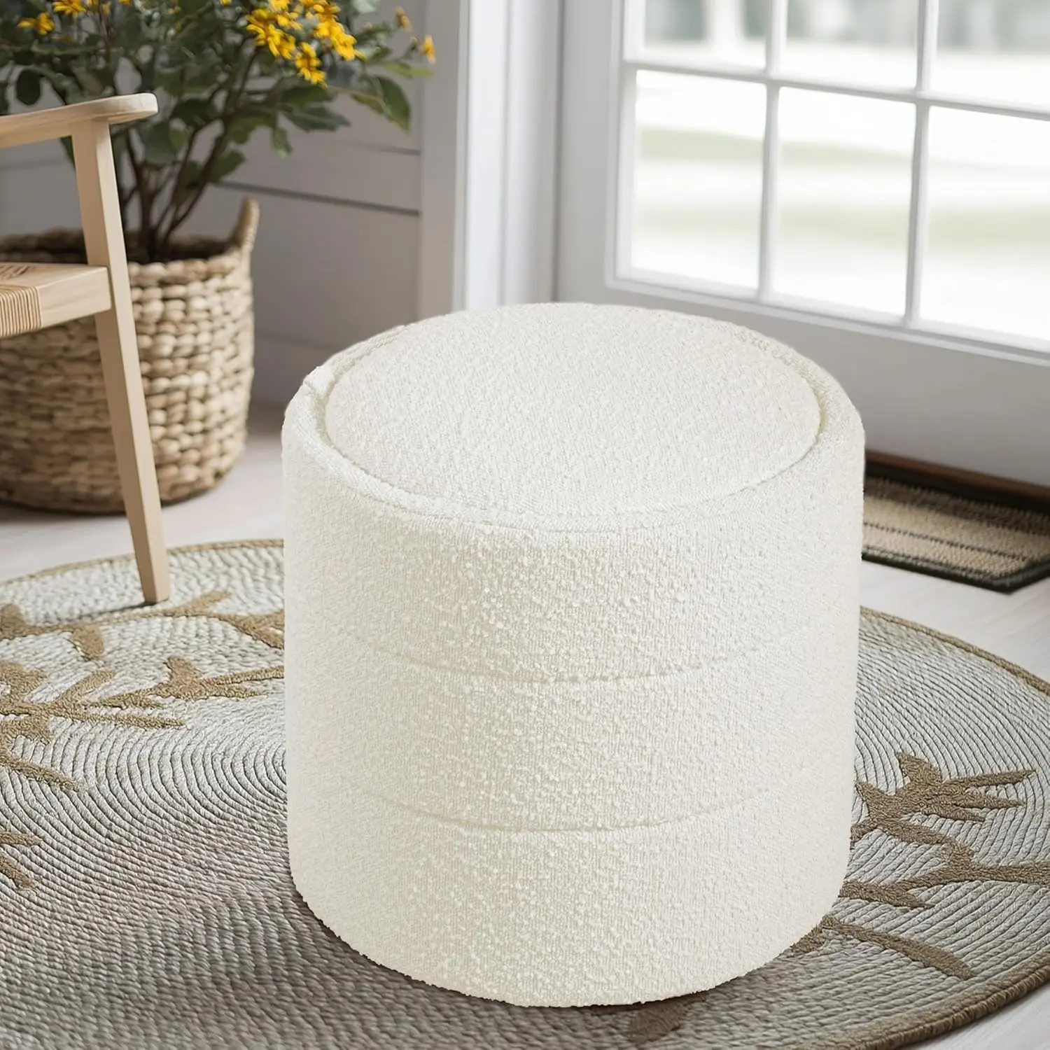 Storage Round Ottoman with Removable Lid Home Décor|Upholstered Round Foot Rest Ottoman - Cream Boucle