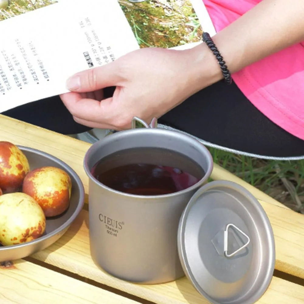 Portable Cups Portable Folding Cups Titanium Cup Titanium Tableware 420ML Pure Titanium Titanium Cup Portable with Foldable Handle with Lid Drinking Cup Boil Water Ultralight Camping Mug Outdoor