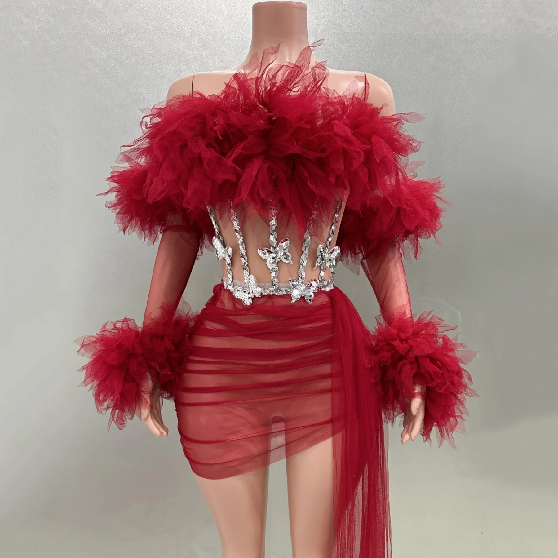 

STOCK Women Sexy Strapless Red Mesh Tops Bodycon Skirts Set 2 Pieces Celebrate Nightclub Party Birthday Performance Costume