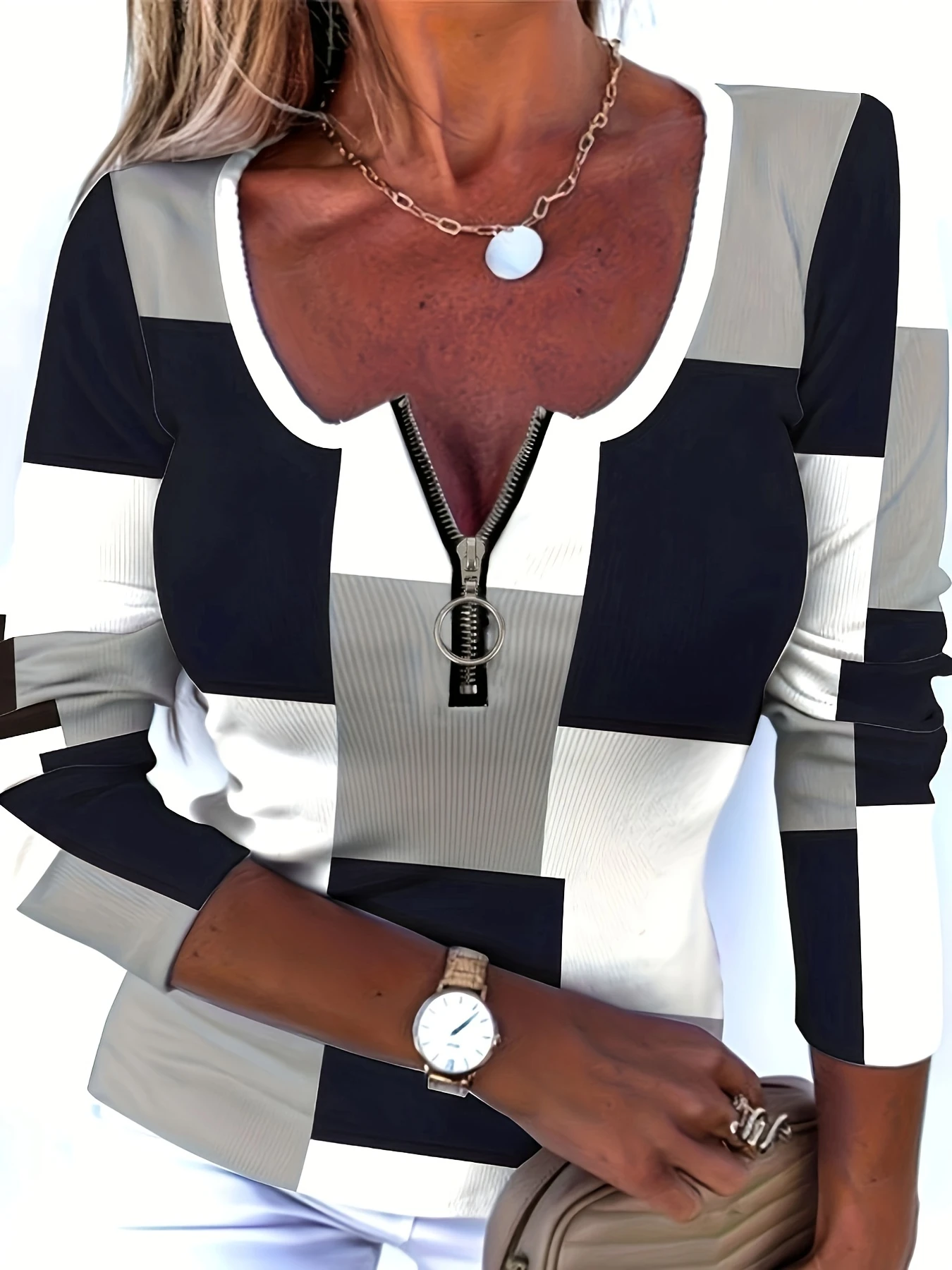 

Women's fashionable color block patchwork casual T-shirt shirt