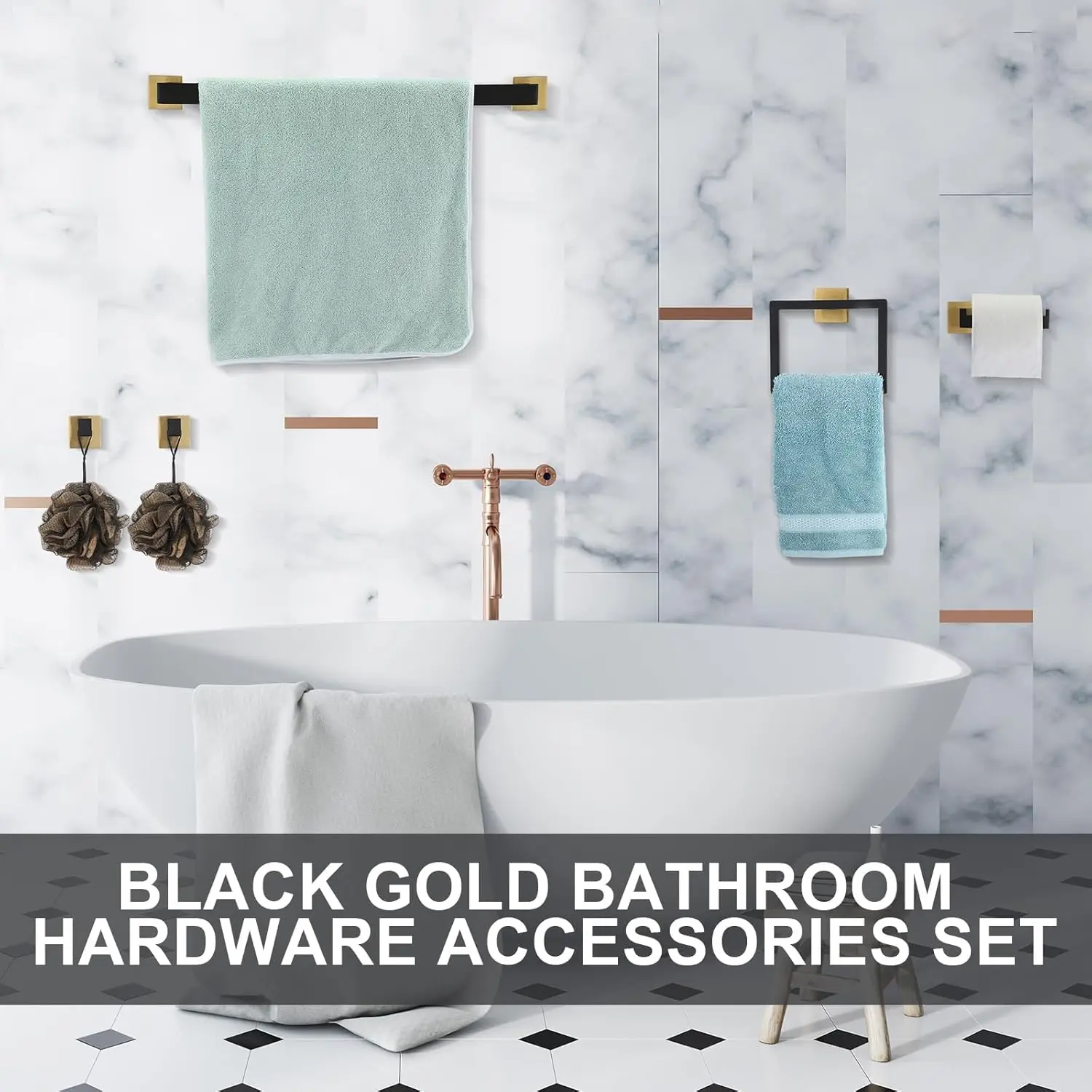 15-Pcs Bathroom Set. 23.6" Towel Bar Kit. Stainless Steel. Racks, Ring, Hooks, Paper Holder. Wall-Mounted. Black/Gold.