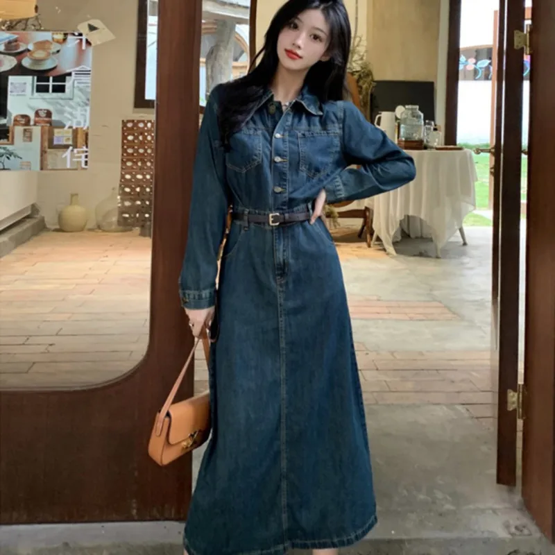 Jeans Dresses Women Denim Daily Long Sleeve Vintage Solid Office Lady Elegant Fashion Casual
