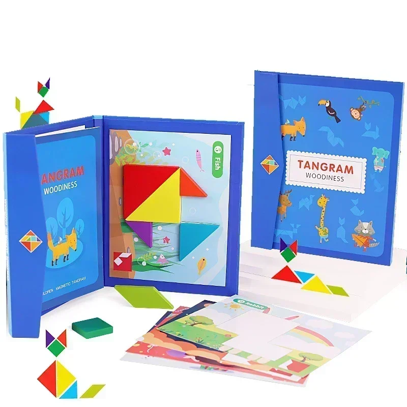 Wooden Jigsaw Magnetic Tangram Puzzle Book Educational Toys For Children Baby Kid Portable Montessori Learning Intelligence 2