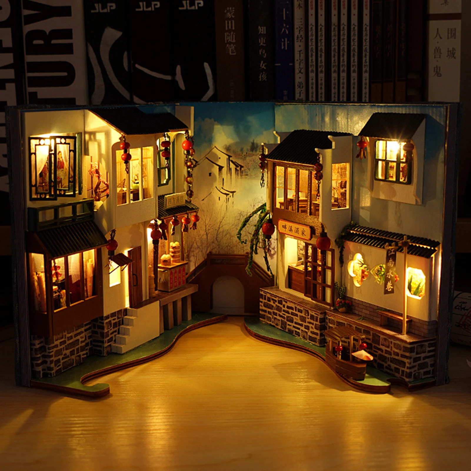 Coin livre, maison miniature, avec mobilier et éclairage LED