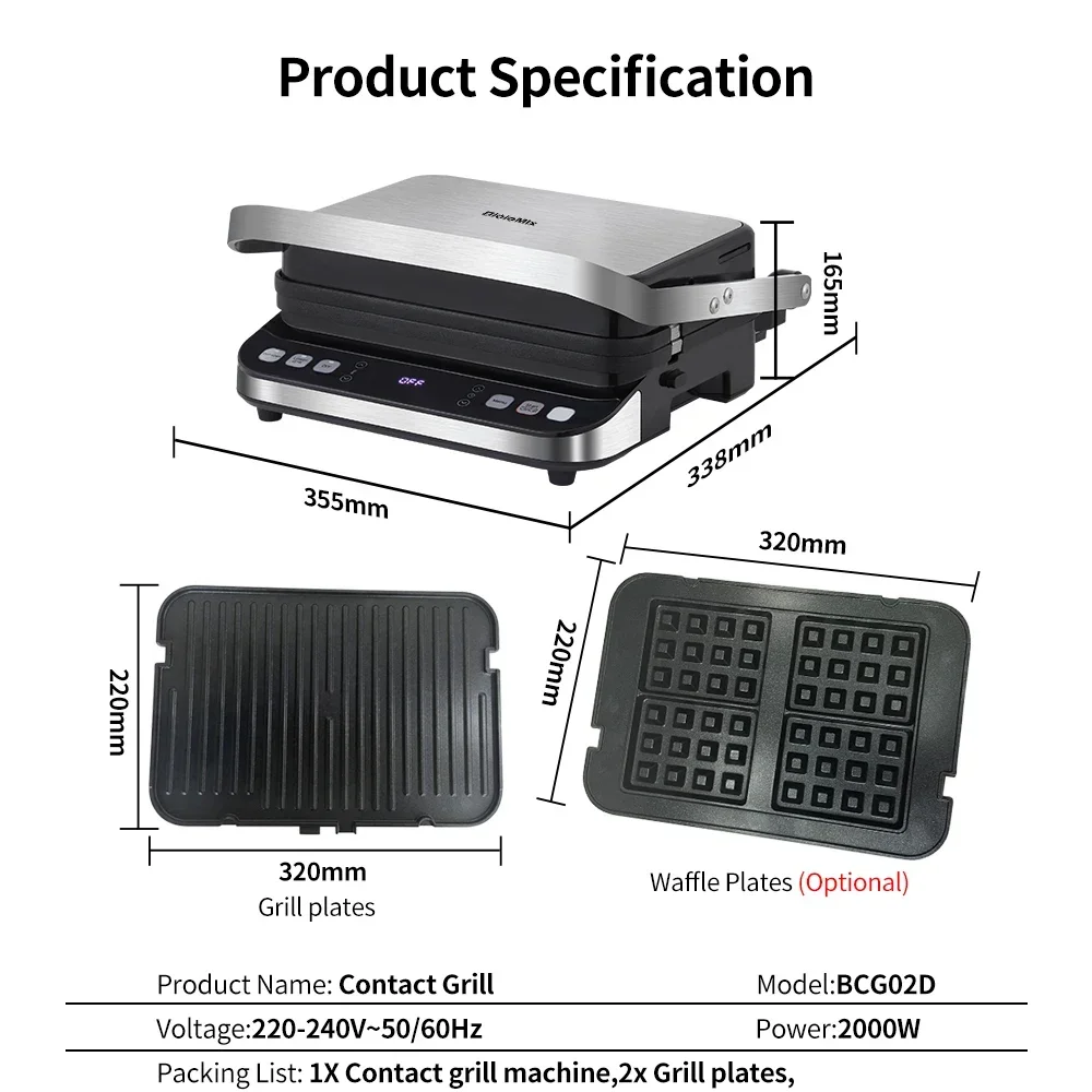 BioloMix 2000W Electric Contact Grill Digital Griddle and Panini Press, Optional Waffle Maker Plates, Opens 180 Degree Barbecue 6