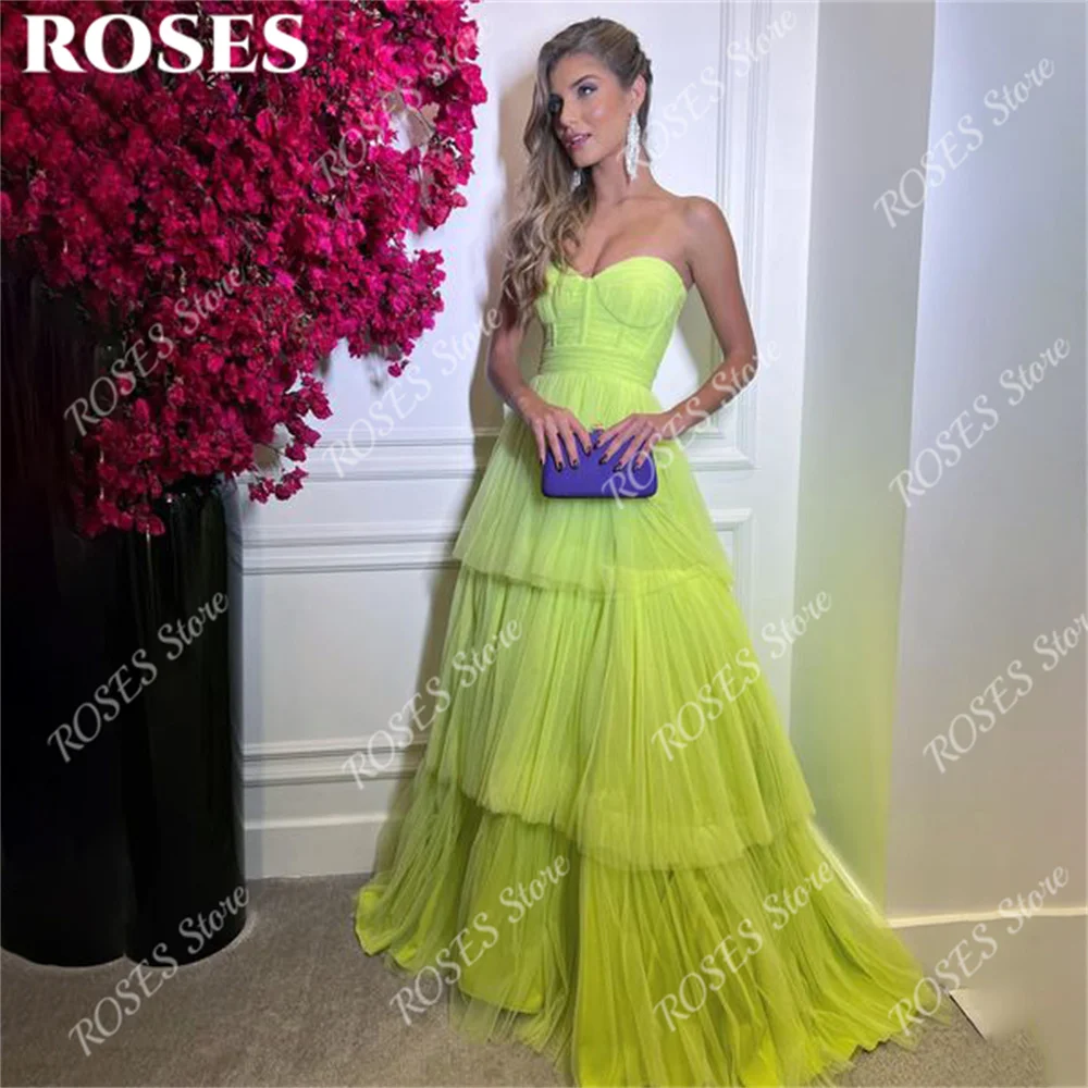 

ROSES Yellow A Line Formal Dress Sweetheart Neck Party Dress For Wedding Tulle Tiered Special Occasion Dresses Pleat robe soirée
