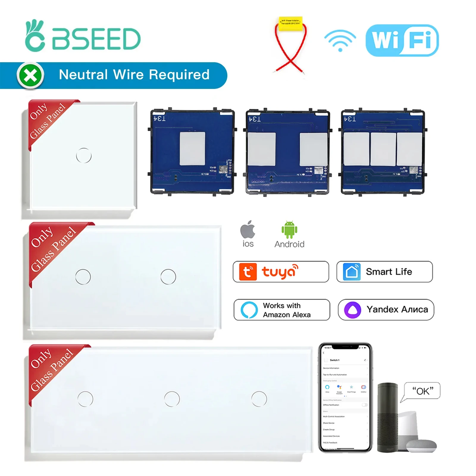 Сенсорный выключатель BSEED с поддержкой Wi-Fi, 1/2/3 клавиши