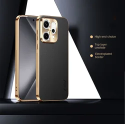 Cowhide Lychee Texture Electroplated Frame Case with Lens Protection for OPPO Reno14 (Black)