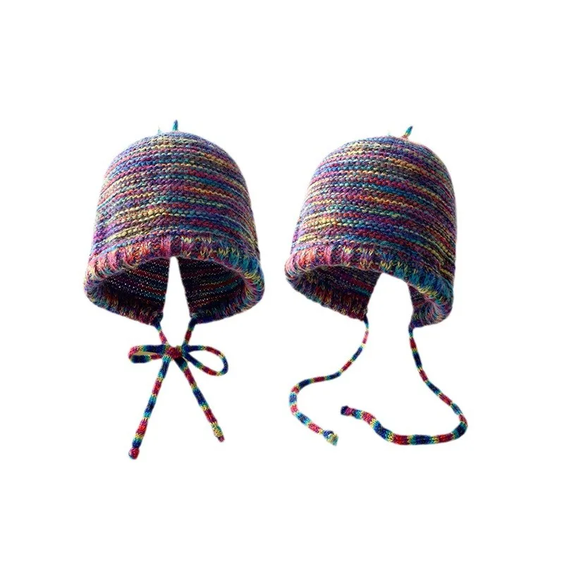 Autumn Acrylic Stripe Print Thicken Knitted Hat Warm Cap Beanie Hat For Girl and Women Versatile Retro Cotton Fisherman