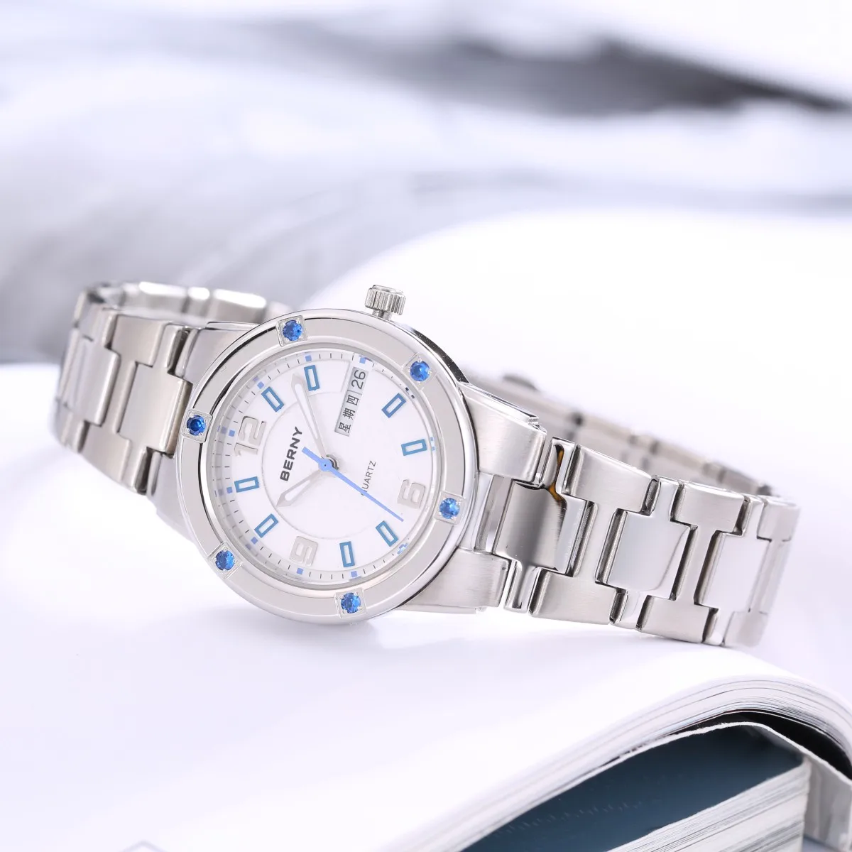 BERNY Women's Watches Luminous Date Week Calendar Stainless Steel Quartz Women WristWatches Clock Waterproof Casual Ladies Watch