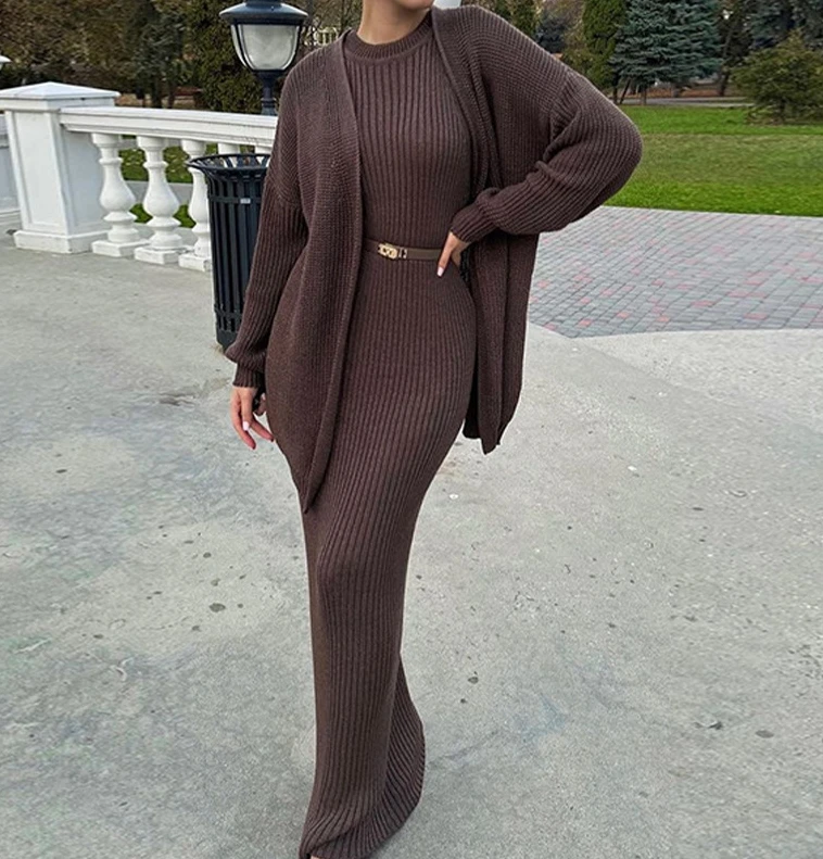 Women's Autumn and Winter Fashion Suit Casual Lazy Style Knitted Sweater Tank Maxi Dress and Loose Cardigan Long Sleeved Top Set autumn large women s set 2023 new lazy knitted sweater versatile strap dress women two piece set winter clothes women dress sets