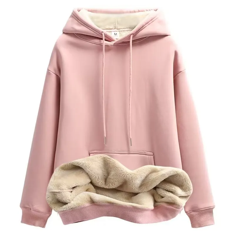 

2022 Winter Fleece Thickened Sweatershirts women Loose O-neck Hooded Top Cold-proof Warm Bottoming Shirt Solid Color