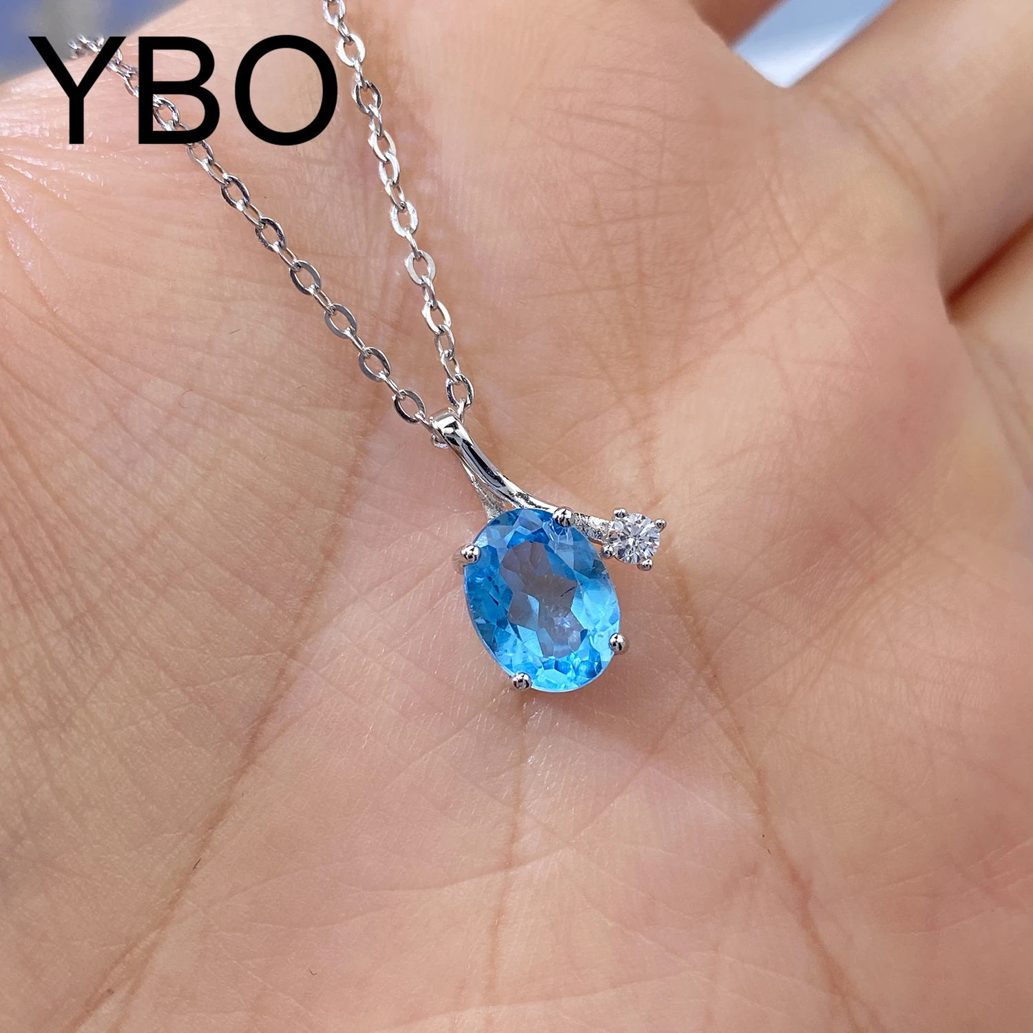 

YBO Luxury Jewelry Natural Oval Blue Topaz Necklaces Sterling Silver 925 Simple Pendant Clavicle Chains Lady Wedding Party Jewel