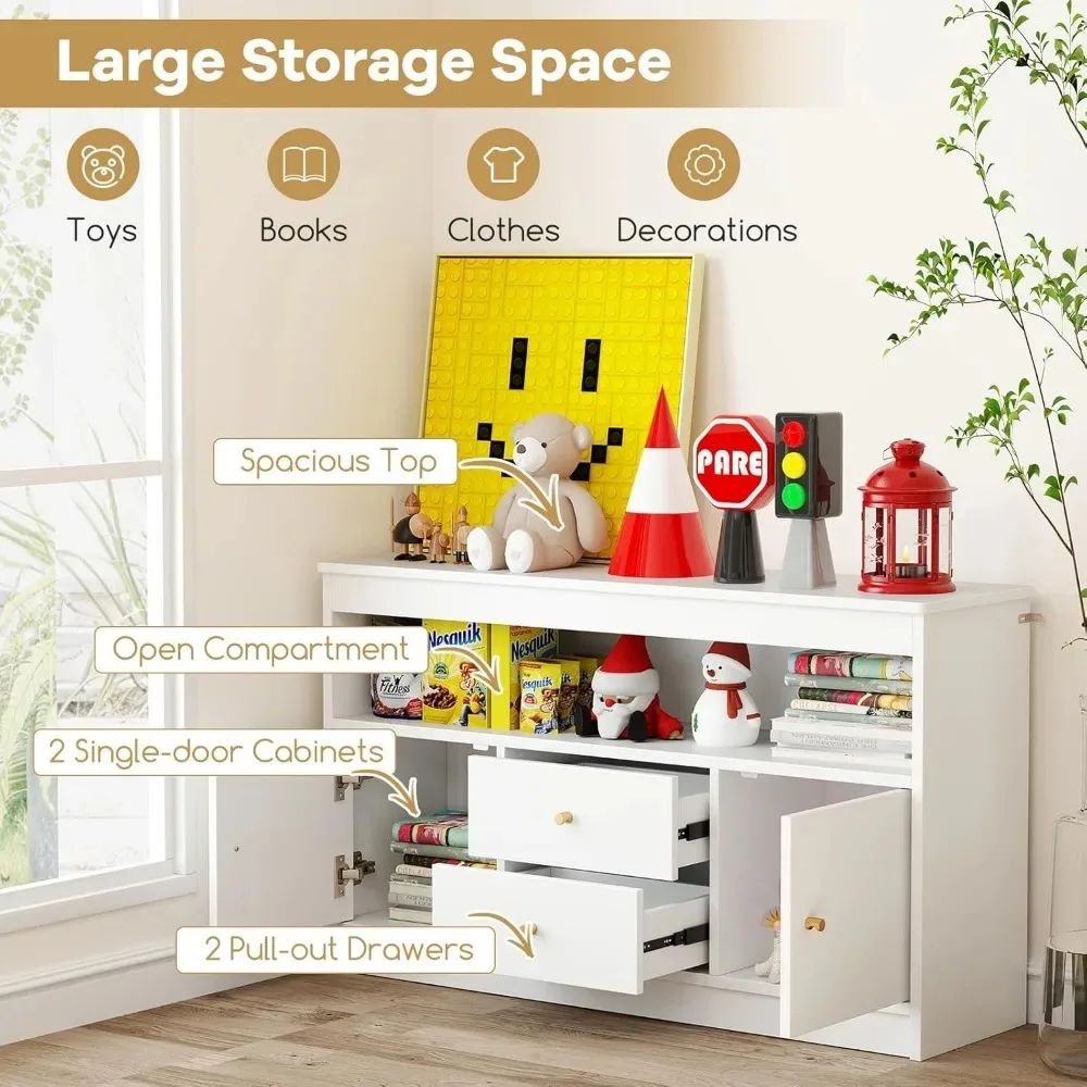 Toy Storage Organizer, Wooden Kids Bookshelf with 2 Drawers, 2 Cabinets & Open Shelf, Toy Organziers and Storage for Playroom 2