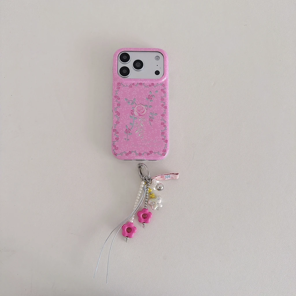 Sweet Pink Rose Flower Glossy Pendant Shockproof Protective Phone Cover Case