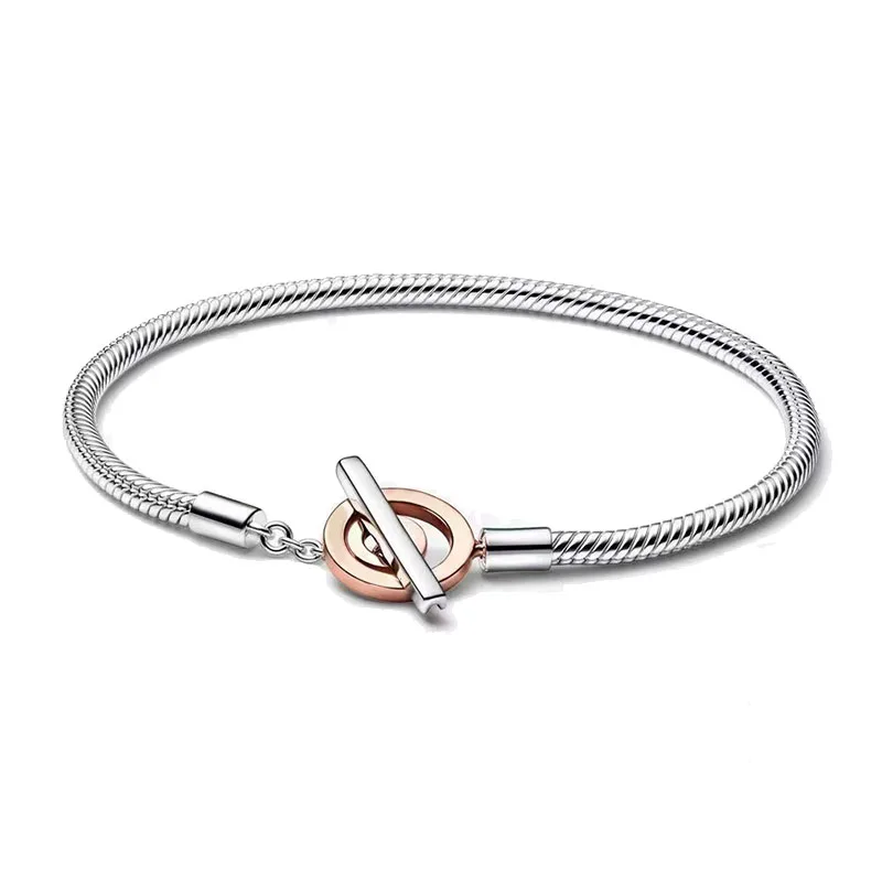 New 925 Sterling Silver O Chain Buckle Snake Bone Chain T Buckle Double Color Bracelet fit Original Charm Beads DIY Making
